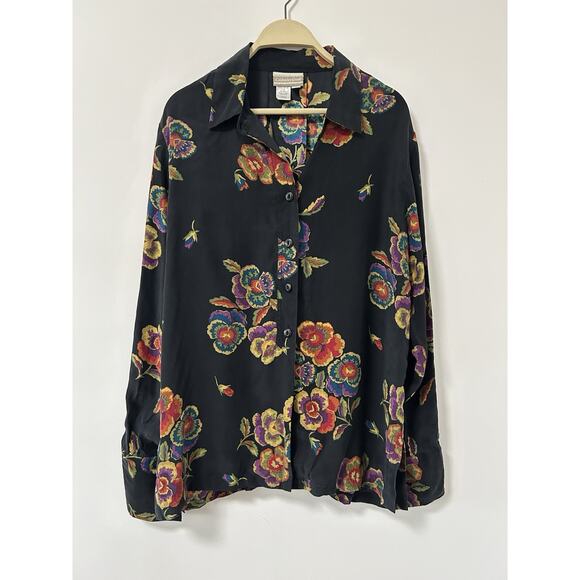 Coldwater Creek Silk Blouse Top Shirt Button Black Floral Medium Long Sleeve - Picture 1 of 10